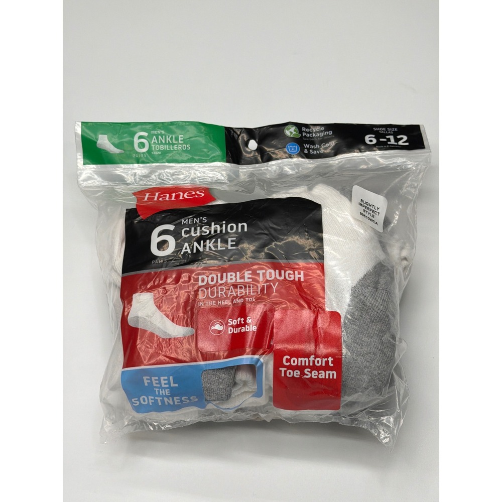 Hanes Mens 6 Pairs White Ankle Cushioned Socks Double Tough Durability Size 6-12